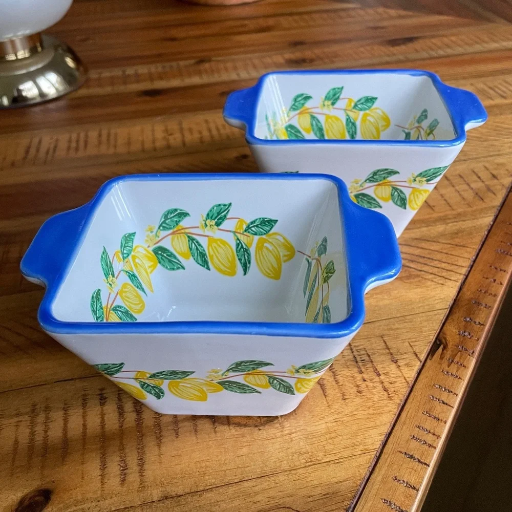 Ceramic Lemon Pattern Rectangular Baking Dishes with Blue Rim - Set of 2